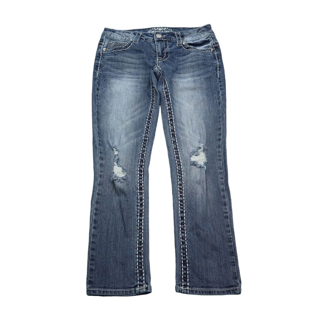 Paisley Sky Jeans Women 2 Blue Low Rise Distressed Knee Straight Leg Capri Pant